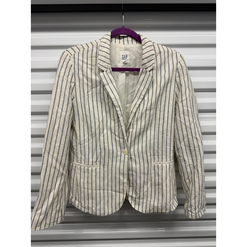 Gap Striped Blazer Cream Navy Blue Single Button Tailored Jacket Womens